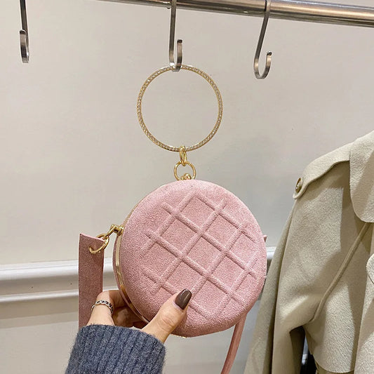 Bolso pequeño redondo para mujer con asa de anillo y diamantes, bolso de mano, bolso de mensajero pequeño para mujer, bolso de cena para fiesta