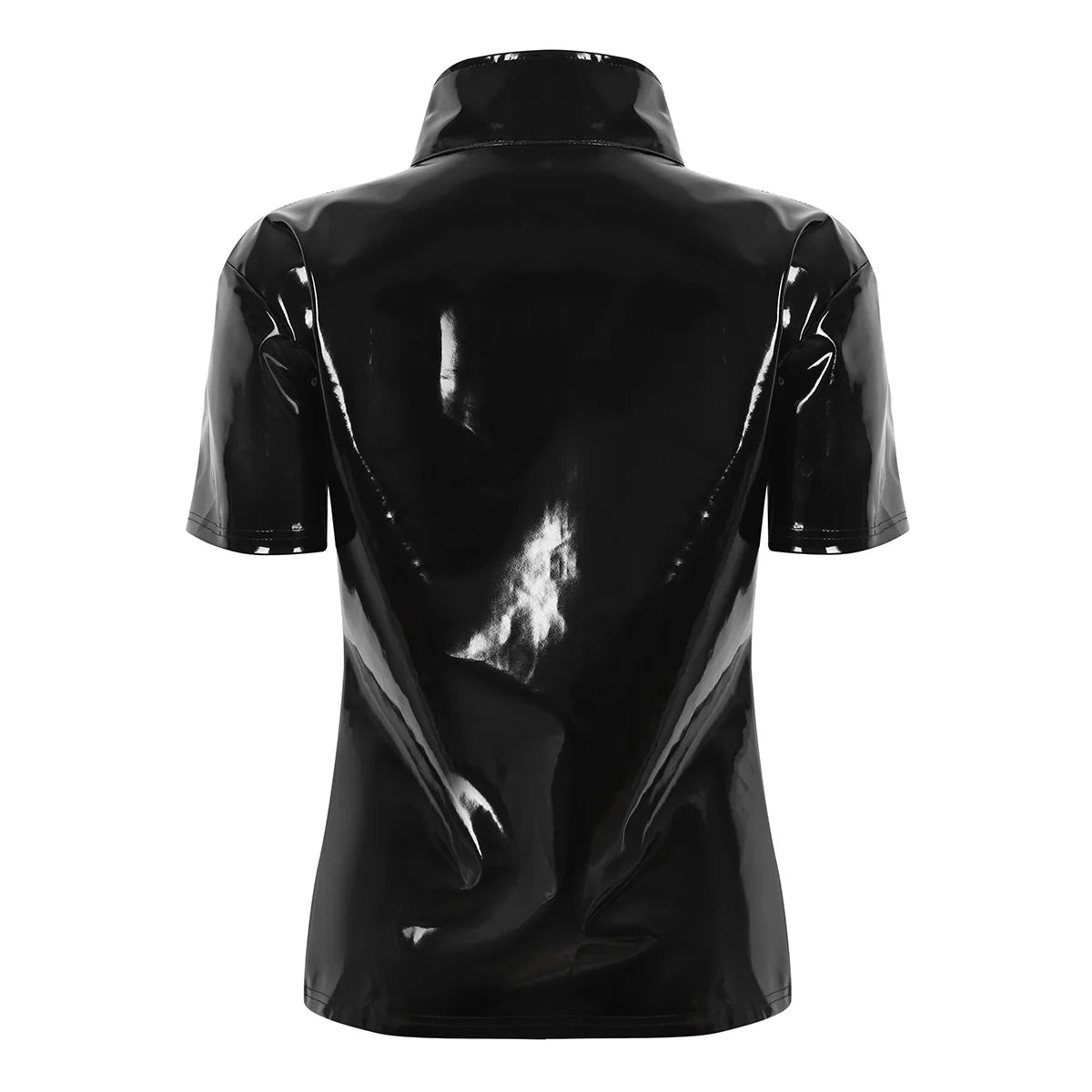 YiZYiF Black Shiny T Shirt Unisex Metallic Hipster PVC Leather Tshirt Sexy Stand Collar Short Sleeves Front Zip Up T-shirt Tops