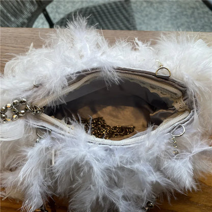 Fashion Pearl Beading Women Handbag Ladies Clutch Party Evening Bags Real Feathers Chain Shoulder Bag Princess Crossbody Bags