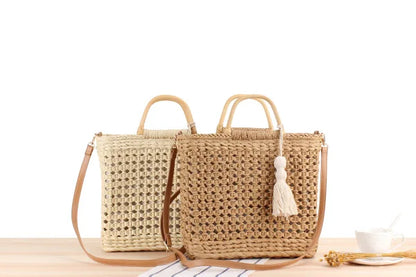 Bolsos de hombro de paja con asa de madera hueca a la moda, bolsos de mimbre tejidos de ratán para mujer, bolsos de playa de verano de gran capacidad, bolsos de viaje