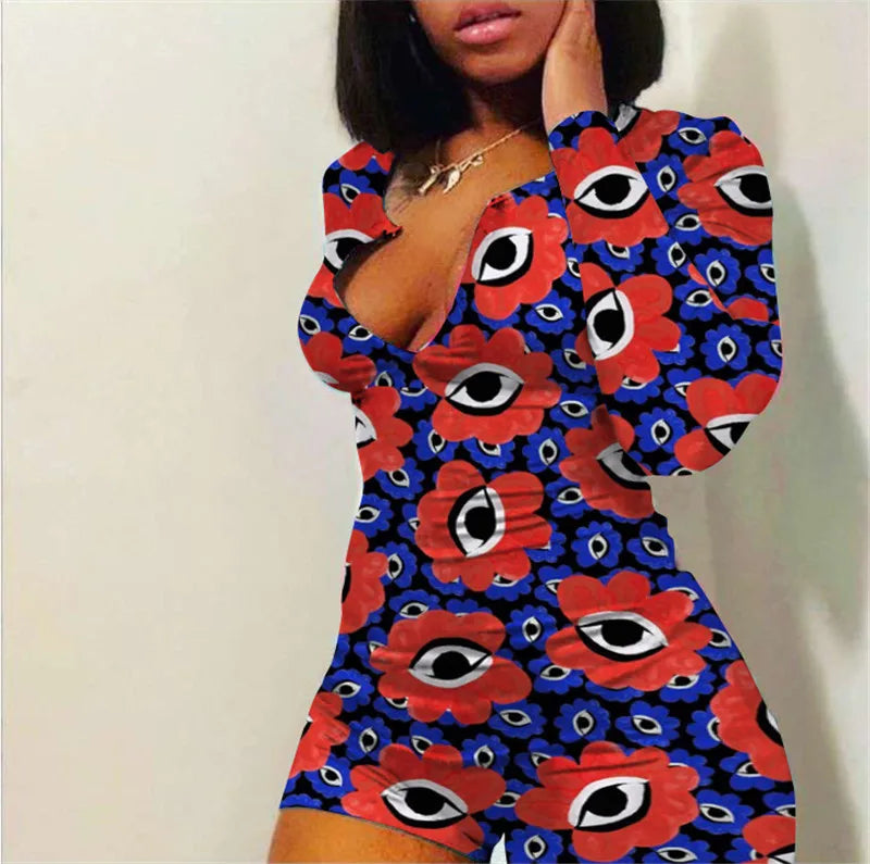 Sexy Women V-neck Bodycon Sleepwear Jumpsuit Bodysuit Shorts Romper Bodysuit Leotard Button Bodysuit 2020 Print Long Sleeve Lips