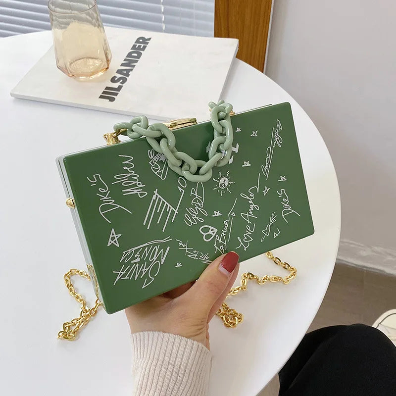 New Fashion Bag Women's Bag Personalized Graffiti Acrylic Box Bag Crossbody Messenger Single Shoulder Chain Bag