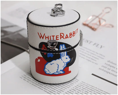 Mini Cylinder Shaped Shoulder Messenger Crossbody Bags For Women Cartoon White Rabbit Print Pu Chain Handbag With The Bucket