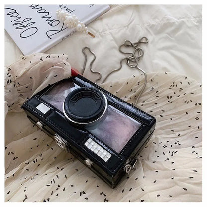 Personalized fashion vintage camera design unique shape clutch shoulder bag ladies casual mini transparent messenger bag purse