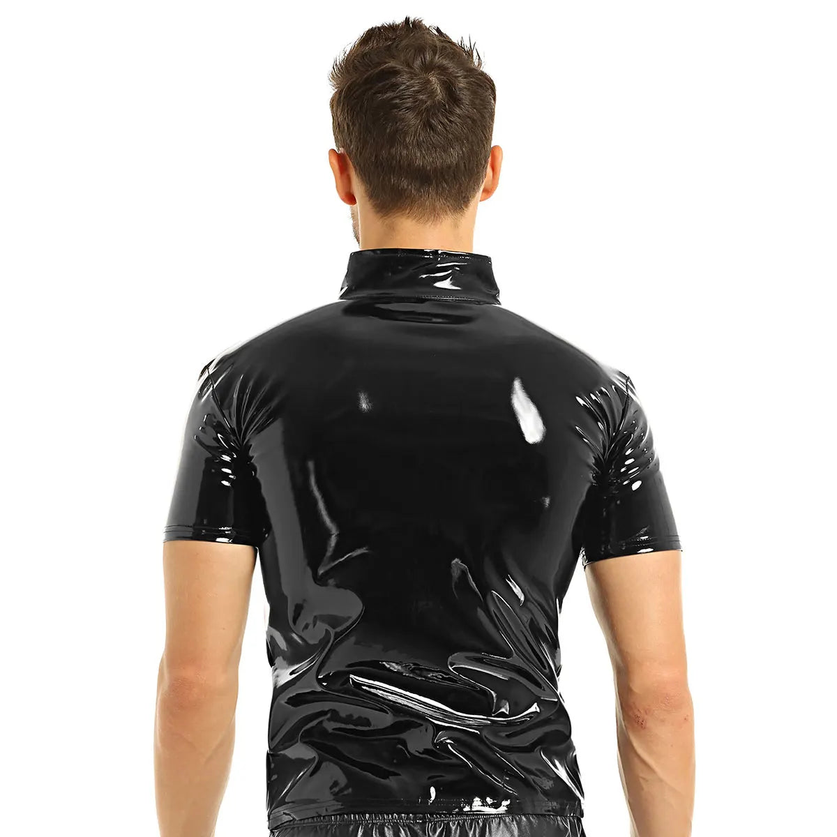 YiZYiF Black Shiny T Shirt Unisex Metallic Hipster PVC Leather Tshirt Sexy Stand Collar Short Sleeves Front Zip Up T-shirt Tops