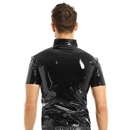 YiZYiF Black Shiny T Shirt Unisex Metallic Hipster PVC Leather Tshirt Sexy Stand Collar Short Sleeves Front Zip Up T-shirt Tops