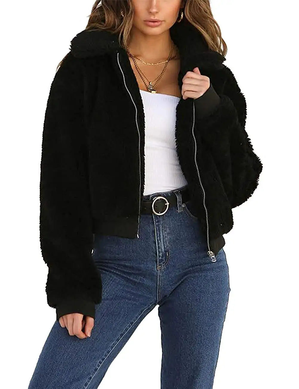 Chaqueta de invierno elegante para mujer, con bolsillo de osito de peluche grueso, abrigo cálido con cremallera, abrigo, chaqueta de piel suave, abrigo de felpa para mujer