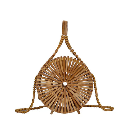 Fashion Round Beading Wooden Women Shoulder Crossbody Bags Rattan Handbags Bamboo Woven Summer Beach Straw Bag Small Bali Purses