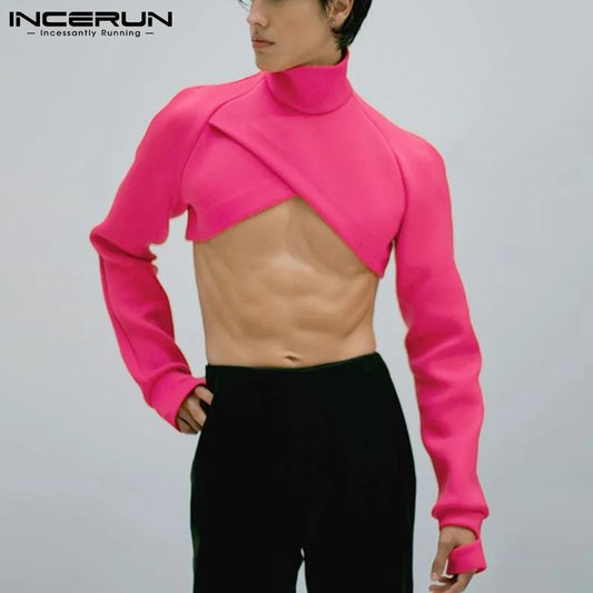 Mode Hommes Crop Tops Solide Col Roulé Manches Longues Sexy Décontracté Irrégulier Hauts Streetwear 2023 Maillot De Corps Camisetas INCERUN 5XL 7