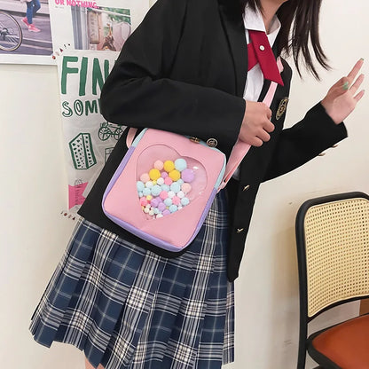 Japanese JK Girls Itabag Love Heart Shaped Transparent Bag Small Crossbody Bags With Colorful Hairballs Shoulder Bag Phone Bag