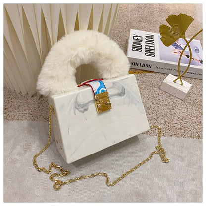 Faux Fur Top Handle Acrylic Party Box Clutch Fashion Purses and Handbags for Women Designer Evening Bag Chain Shoulder Bag