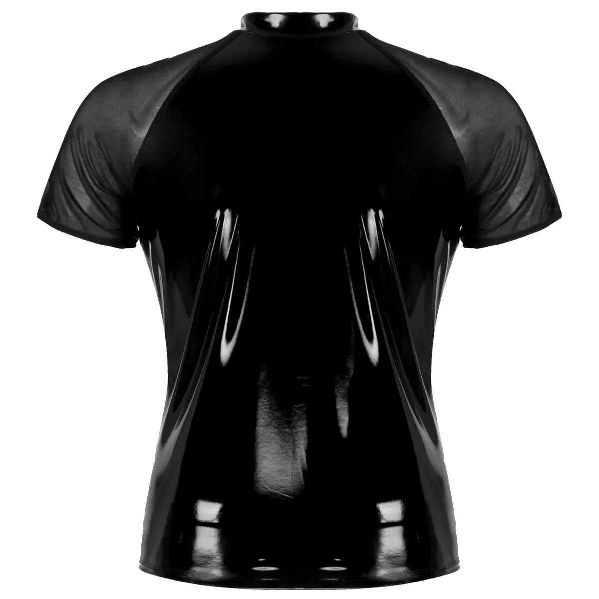 YiZYiF Black Shiny T Shirt Unisex Metallic Hipster PVC Leather Tshirt Sexy Stand Collar Short Sleeves Front Zip Up T-shirt Tops