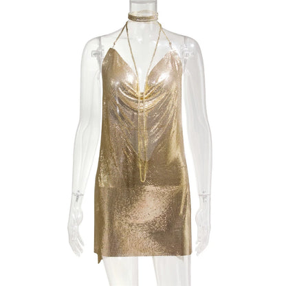 Vestidos de fiesta de metal con cuello halter de diamantes 2024, vestido de verano sexy dorado y plateado, vestidos sin espalda con lentejuelas para mujer, envío directo