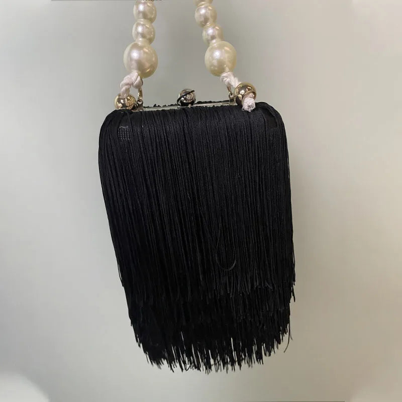 Tassel Small Square Bag Female Pearl Chain Handbag Dinner Bag High Quality Long Tassel Clutch Bag Black Evening Bag