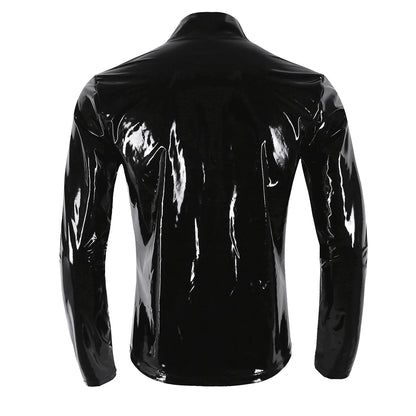 YiZYiF Men Shiny Metallic Front-Zip Stand Collar Tops Wet Look Sexy Patent Leather Nightclub Style Long Sleeve Tops For Men