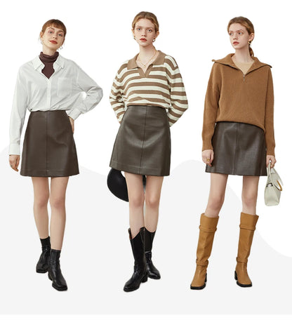 FSLE Women's Brown Leather Skirt Winter New Office Lady Mini Skirts A-line Skirt All-match Fashionable High Waist