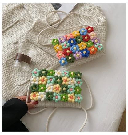 Bolsos de punto de moda Bolso de mano con flores para mujer Nuevo bolso de mensajero de un solo hombro cosido fresco