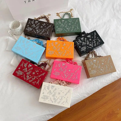 New Fashion Bag Women's Bag Personalized Graffiti Acrylic Box Bag Crossbody Messenger Single Shoulder Chain Bag