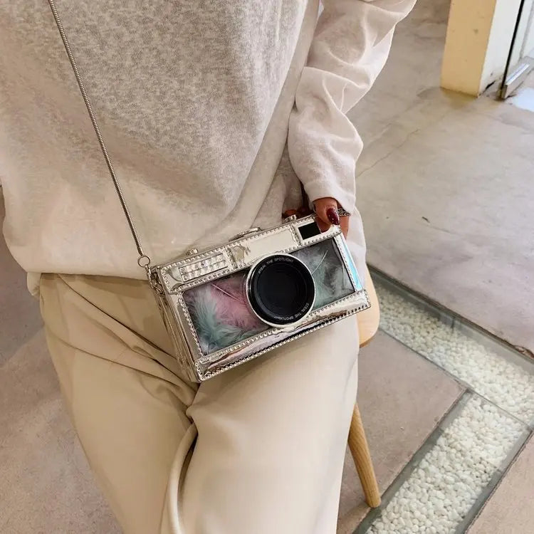 Personalized fashion vintage camera design unique shape clutch shoulder bag ladies casual mini transparent messenger bag purse