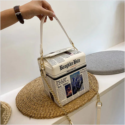 Bolso de hombro con grafiti, estampado de letras de periódico, cadena, bolso cruzado de moda para mujer, bolso de mano de diseñador, bonito bolso tipo cartera