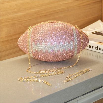 Womens Rhinestone Football Shaped Handbag Shiny Diamond Purses Chain Shoulder Evening Bag Wedding Banquet