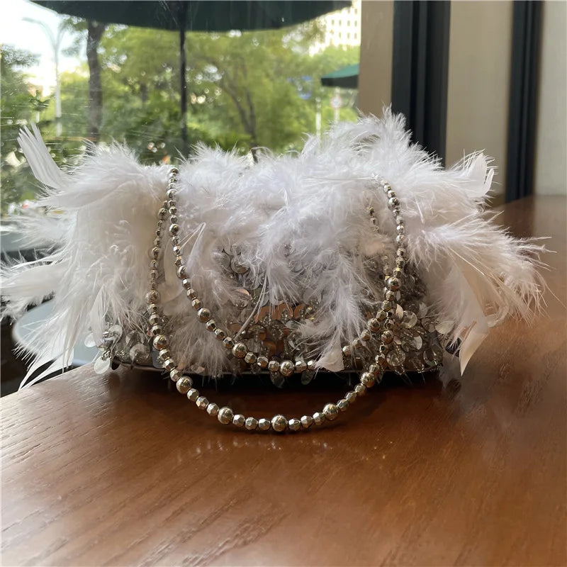 Fashion Pearl Beading Women Handbag Ladies Clutch Party Evening Bags Real Feathers Chain Shoulder Bag Princess Crossbody Bags