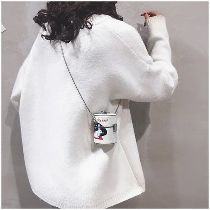 Mini Cylinder Shaped Shoulder Messenger Crossbody Bags For Women Cartoon White Rabbit Print Pu Chain Handbag With The Bucket