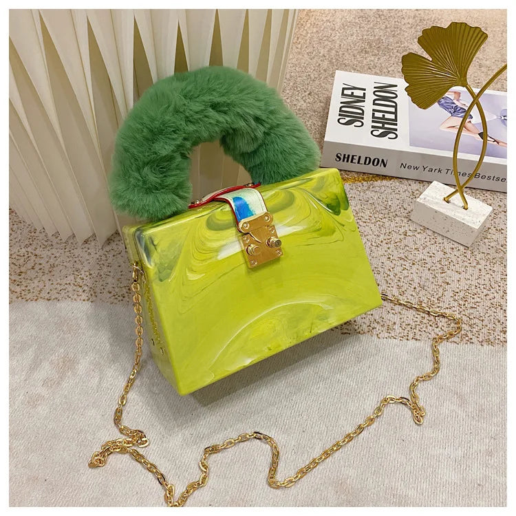 Faux Fur Top Handle Acrylic Party Box Clutch Fashion Purses and Handbags for Women Designer Evening Bag Chain Shoulder Bag