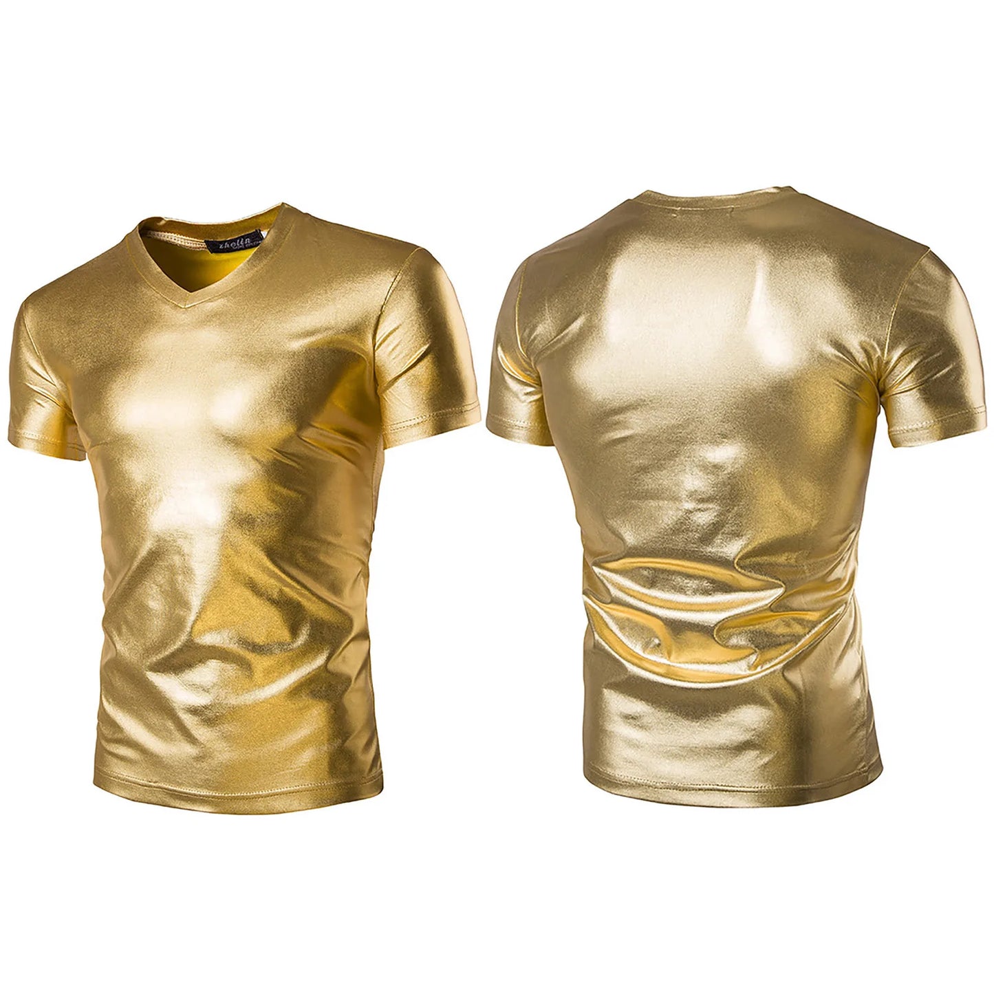 Night Club Wear Mens Shiny Metallic T-shirt Slim Fit Gold Shirt Fashion Men Short Sleeve Tops For Disco Party Club Stage Costume