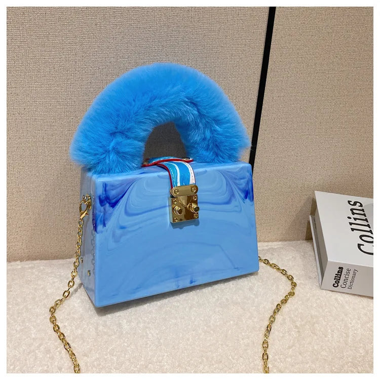 Faux Fur Top Handle Acrylic Party Box Clutch Fashion Purses and Handbags for Women Designer Evening Bag Chain Shoulder Bag