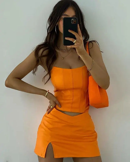 Venta de liquidación !!! Conjunto de top y falda naranja, top con corsé sexy, vestido corto de cuero y top sin tirantes, vestido de cumpleaños para mujer 2022