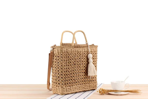 Bolsos de hombro de paja con asa de madera hueca a la moda, bolsos de mimbre tejidos de ratán para mujer, bolsos de playa de verano de gran capacidad, bolsos de viaje