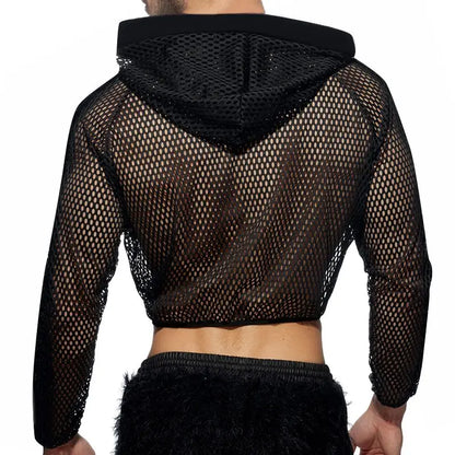 2023 Camisetas cortas de malla para hombre con capucha de color sólido transparente con cremallera ropa de calle sexy camiseta de entrenamiento ropa de calle casual Camisetas INCERUN