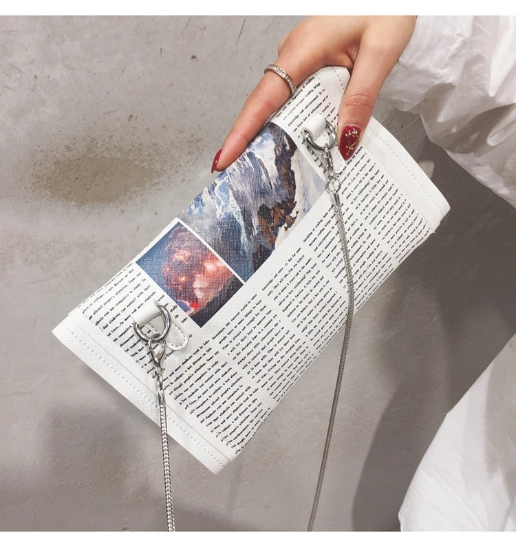 Creative Newspaper Design Chains Crossbody Bag for Women Funny Pu Leather Lady Shoulder Messenger Bags Cute Small Female Purses