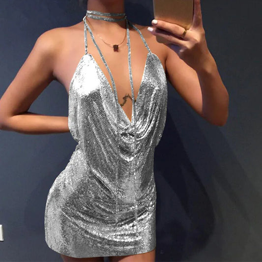 Vestidos de fiesta de metal con cuello halter de diamantes 2024, vestido de verano sexy dorado y plateado, vestidos sin espalda con lentejuelas para mujer, envío directo