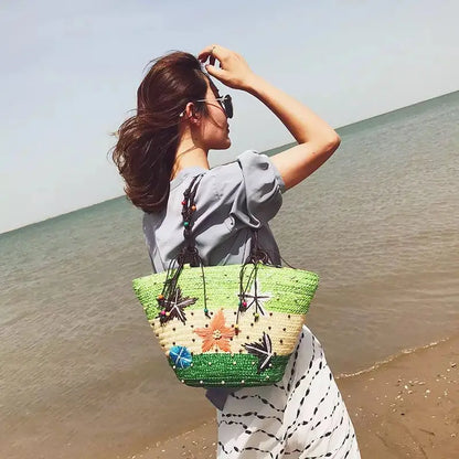 Sacs en paille d'étoile de mer brodés à la main de style bohème, sac à bandoulière en osier perlé tissé pour femmes, sac à main en rotin, grand fourre-tout d'été pour la plage 2021