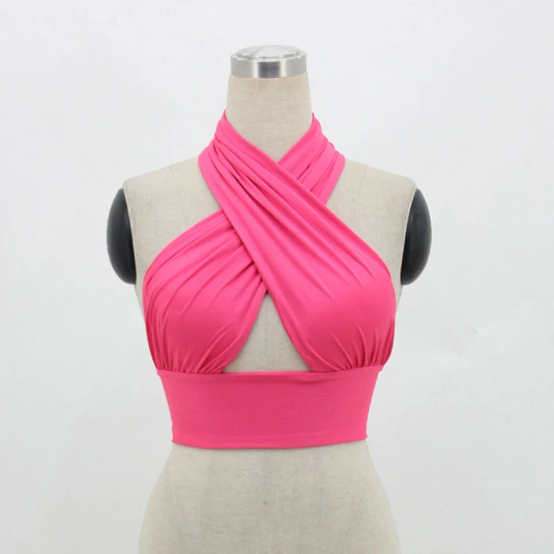 Sex Women Strappy Cross Tank Top Over Front Cut Out Halter Neck Sleeveless Backless Bandage Vest Summer Sexy Tops Woman Clothes