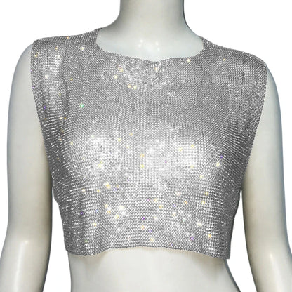 Camiseta sin mangas con cuello halter y lentejuelas de malla de diamantes brillantes para mujer, blusas de verano con espalda abierta de metal y diamantes de imitación, envío directo, blusas sin espalda para mujer