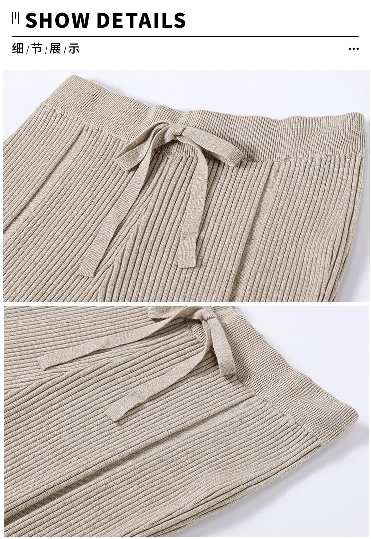 Suninheart Tassels Wide Leg Knitted Pants Women Winter Stripe Loose Trousers Femme Casual Full Length Warm Sweater Pants 2022