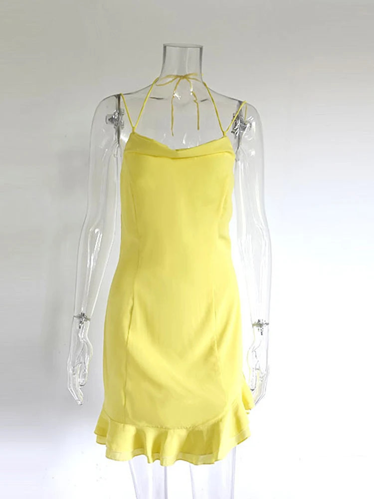 suninheart Light Beach Robe Sleeveless Mini Dress Chic Ruffles Chiffon Summer Sexy Party Yellow Dress For Women