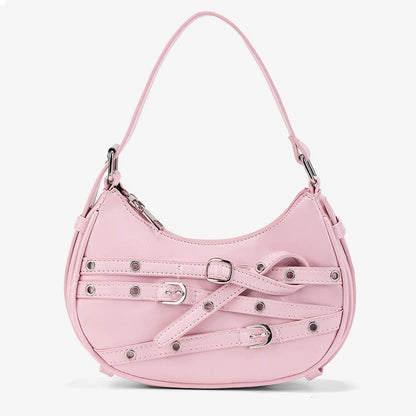 Fashion Belts Deco Halfmoon Women Shoulder Bags Punk Pink Color Handbags  Pu Leather Y2K Crossbody Bag Small Female Purses 2024