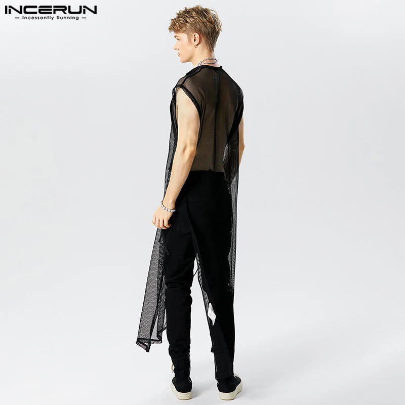 Hauts de style décontracté élégant INCERUN pour hommes Sexy Transparent Mesh Long-style Débardeurs Homme Col en V Sangle Sans Manches Gilets Minces S-5XL