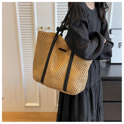 Casual Hollow Out Large Capacity Straw Tote Bag Weave Women Shoulder Bags Handmade Summer Beach Handbags Big Shopper Purses 2024