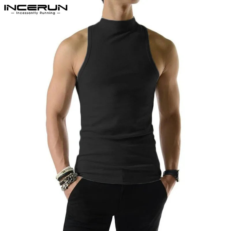 2023 Camisetas sin mangas para hombre, de color liso, cuello alto, sin mangas, de punto, informales, ropa de calle de verano, ropa de moda para hombre INCERUN S-5XL