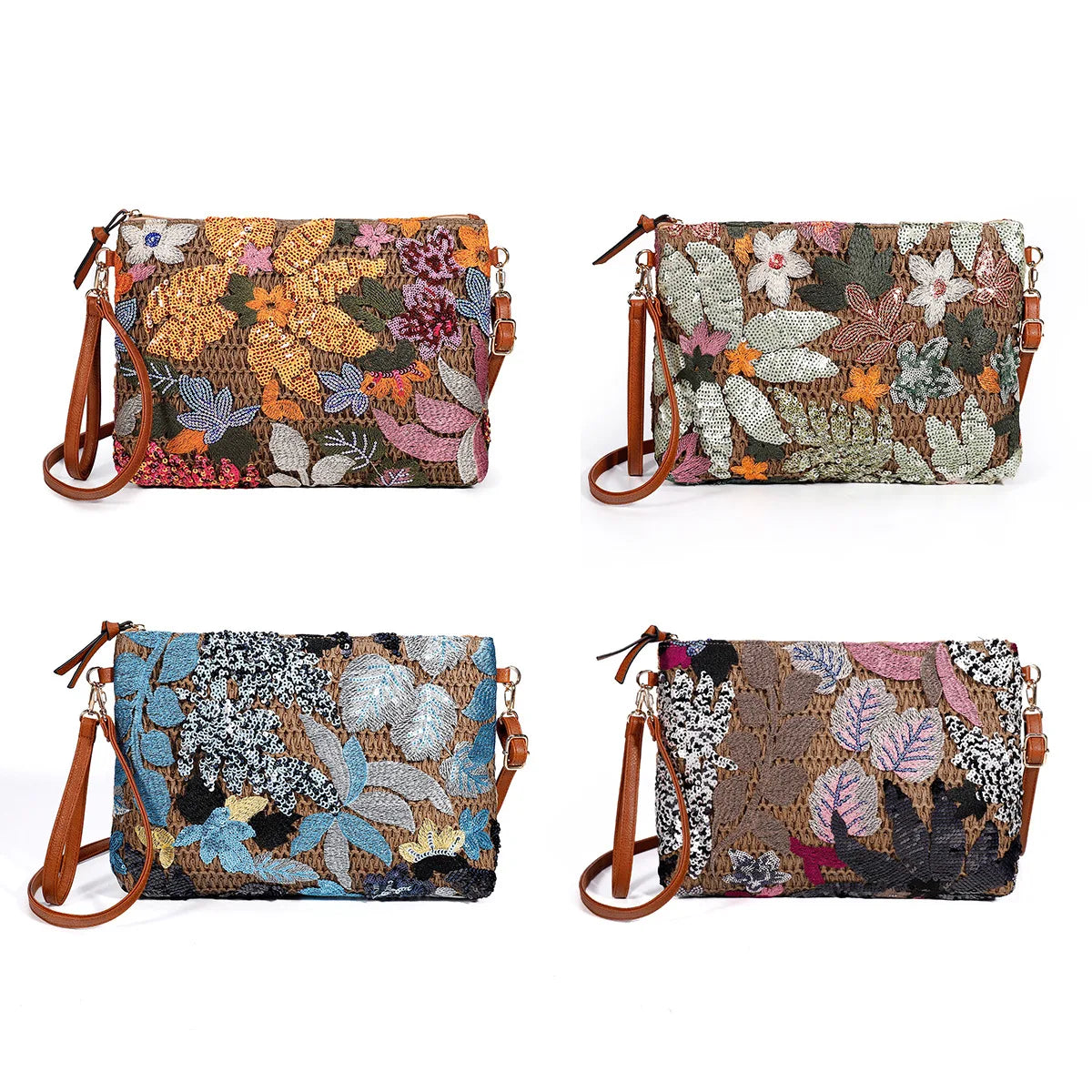 Fashion Embroidered Sequins Clutch Bag for Women Flower Straw Shoulder Crossbody Bags Summer Party Bag Vacation Big Purses 2024