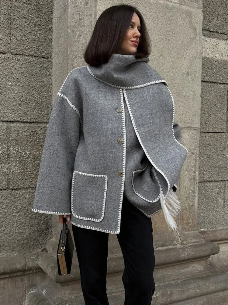 Abrigo elegante y holgado para mujer con bufanda, moda de manga larga con bolsillo, un solo pecho, chaqueta para mujer otoño invierno 2023