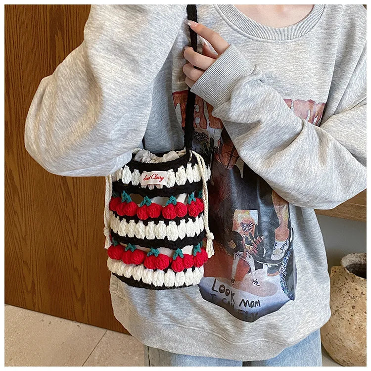 Handmade Woven Cherry Woolen Bag Fresh Fruit Woven Bag Crochet Knitted Bag Leisure String Shoulder Crossbody Bag 2024 New