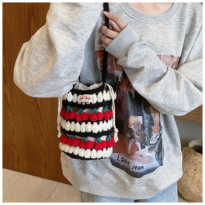 Handmade Woven Cherry Woolen Bag Fresh Fruit Woven Bag Crochet Knitted Bag Leisure String Shoulder Crossbody Bag 2024 New