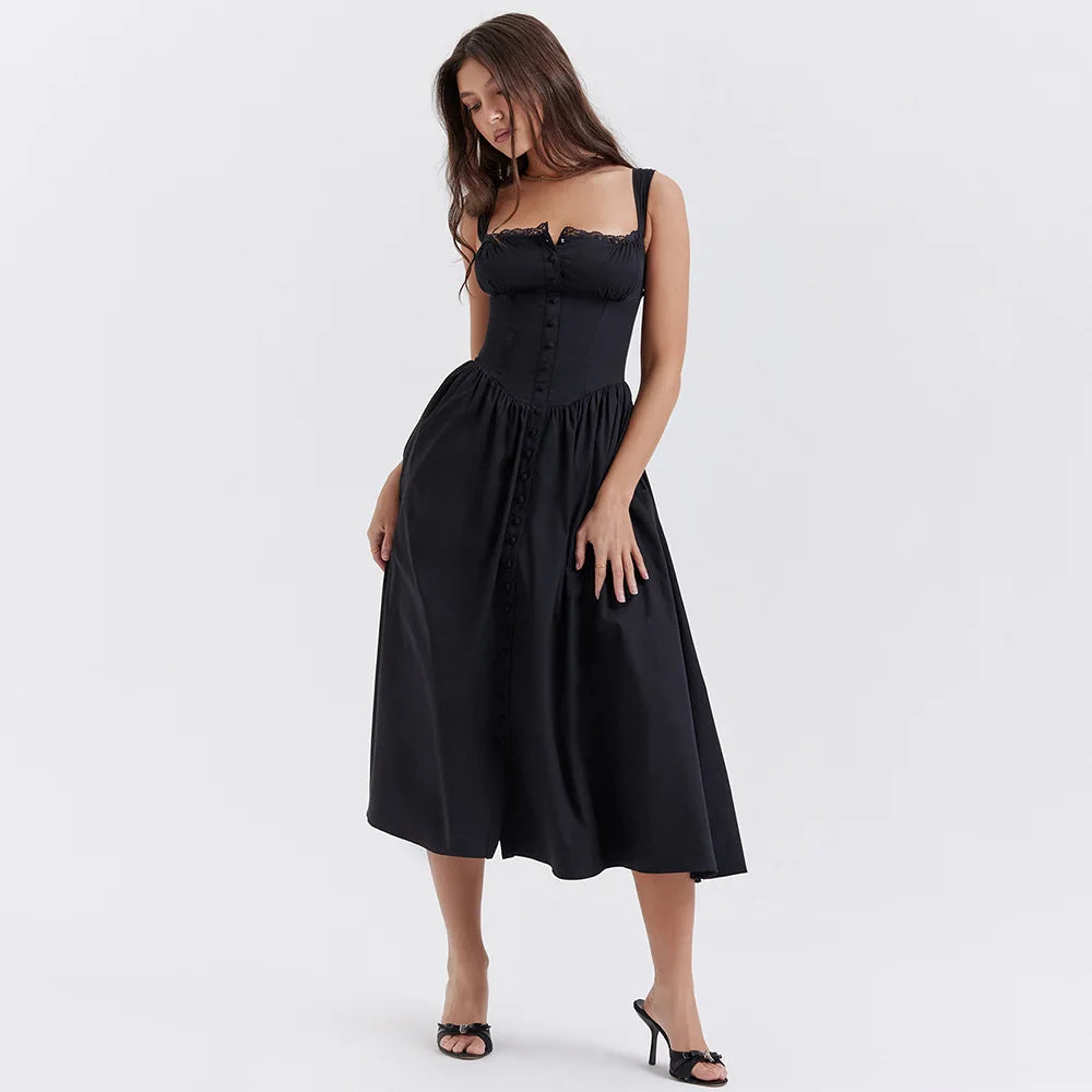 Suninheart Summer Black Holiday Party Dresses Elegant Spaghetti Strap Midi Lace Up Dress Black Casual Women New In Dress 2023