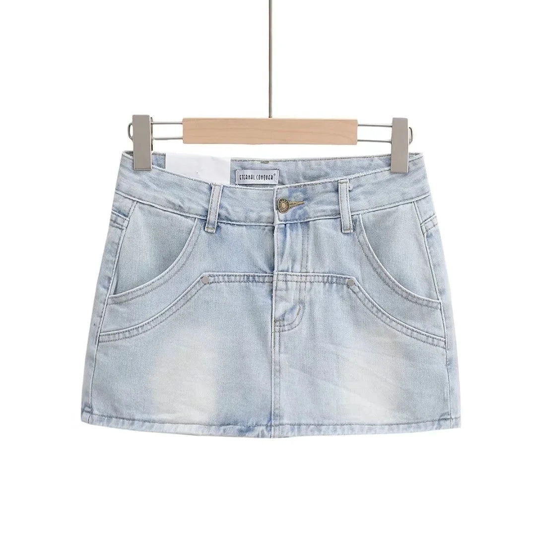 DEAT Mode Femmes Jupe A-ligne Épissé UltraShort Denim Poche Taille Haute Mince Couleur Unie Jupes Printemps 2024 Tendance Nouvelle 17A5641